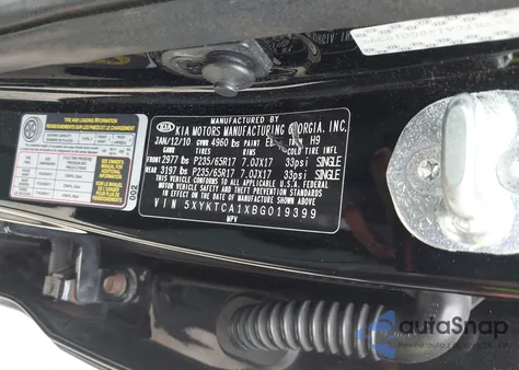 2011 Kia Sorento Lx из США, поврежденный, VIN 5XYKTCA1XBG019399